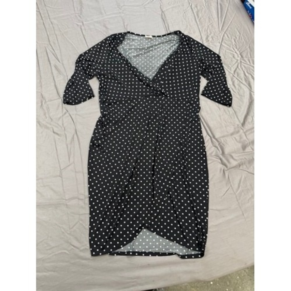 Polka Dot Faux Wrap Dress Black White 3/4 Sleeve Surplice Tulip Hem Made in USA